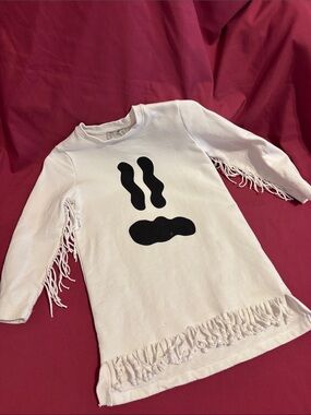 Stella McCartney Kids Ghostie Sweatshirt Dress with Black Graphic & Fringe Trim